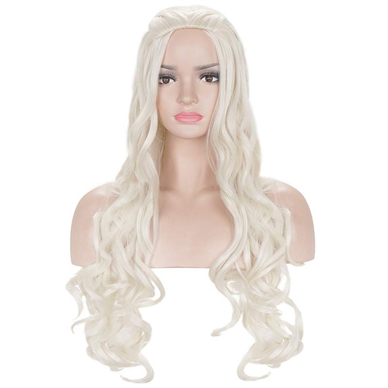 morvally Long Blonde Braided Cosplay Wig Womens Blond Wavy Curly Synthetic Hair Wigs for Halloween Costume Party(Light Blonde) - Image 4